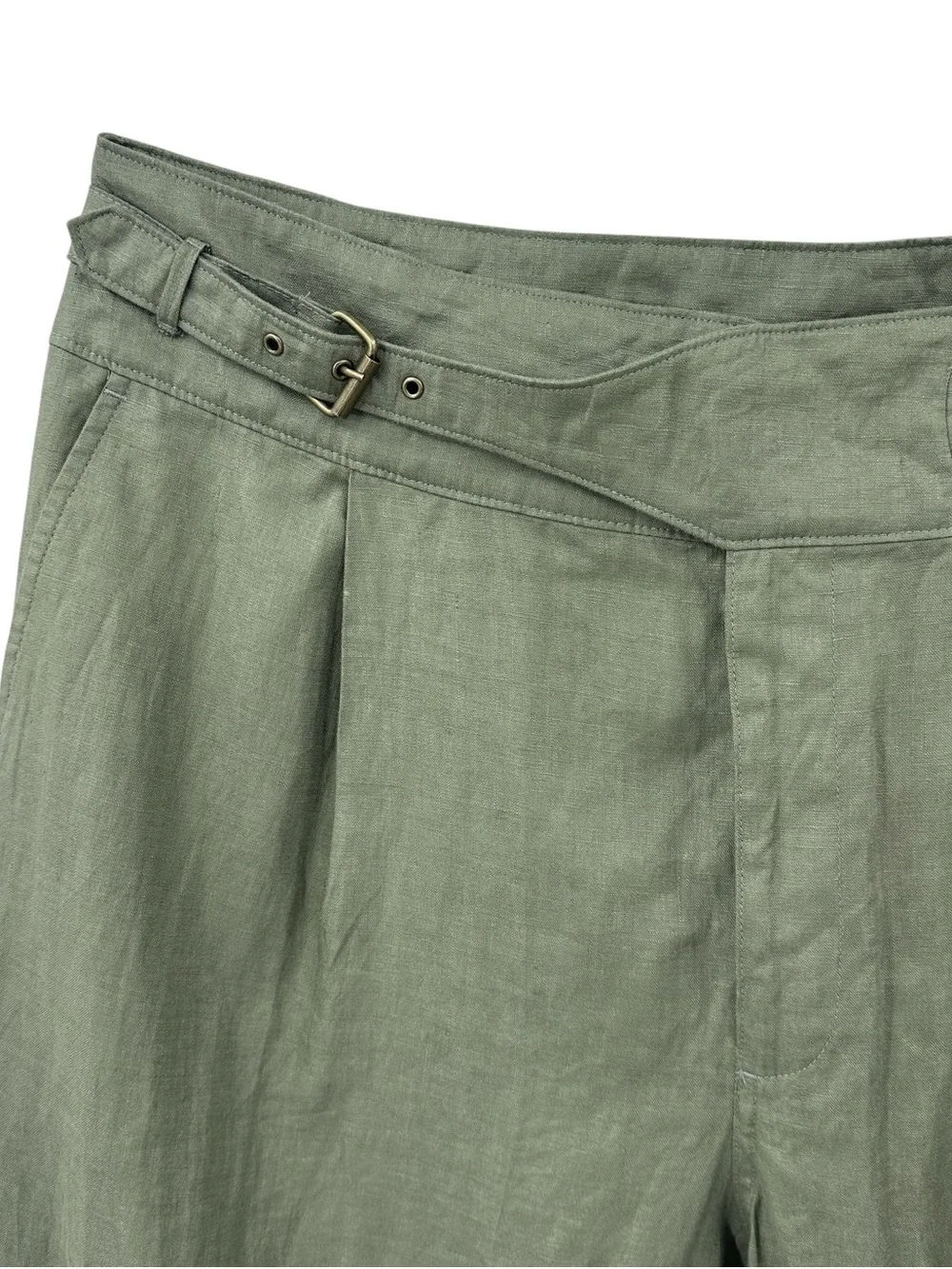 New LAUREN RALPH LAUREN Linen Pants Buckle Detail Pleat Cargo Green LRL